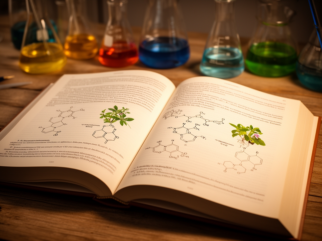 Otvorena knjiga sa naučnim beleškama i šematskim prikazima biljnih jedinjenja na drvenom stolu, laboratorijski stakleni predmeti u pozadini, fokusirano toplo svetlo koje ističe detalje stranica