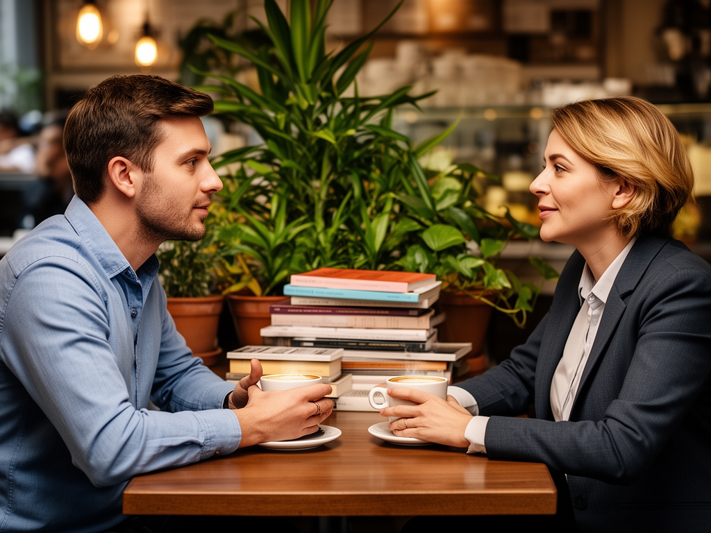 Dve osobe sede za stolom i razgovaraju uz kafe, okružene knjigama i biljkama, svetla i topla atmosfera razgovora u kafiću
