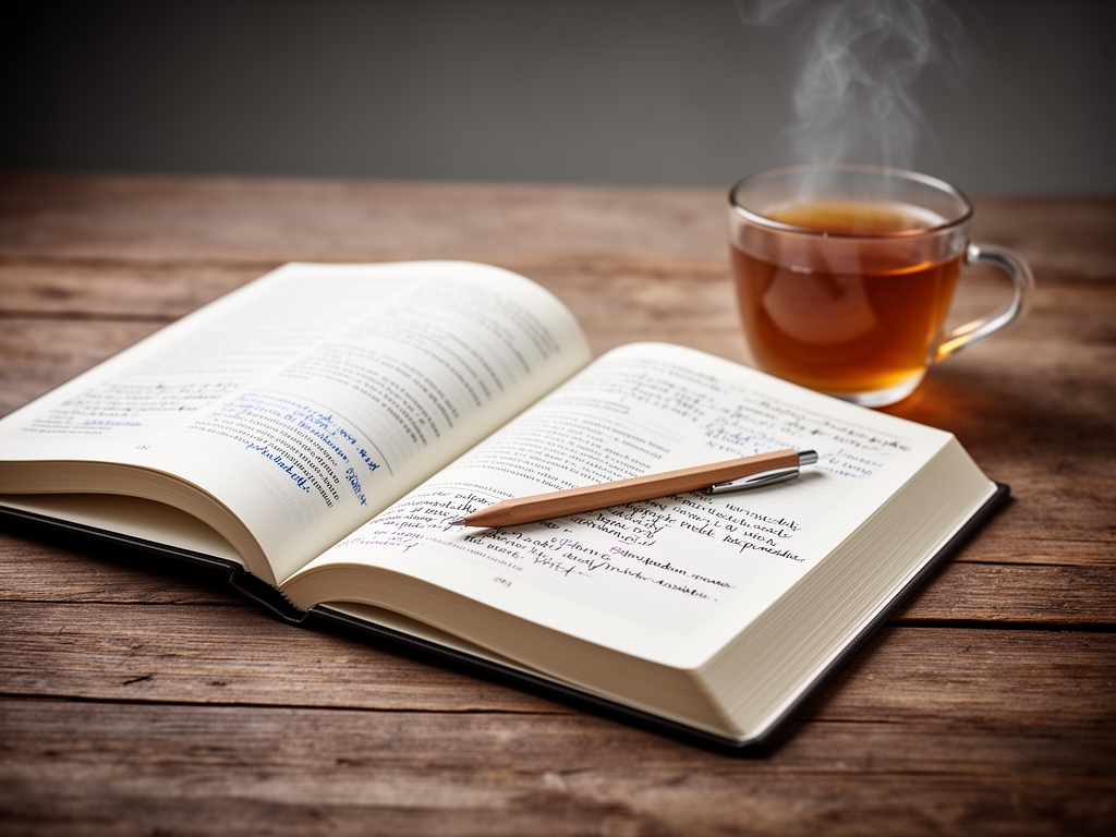 Otvorena knjiga sa beleškama i olovkom na drvenom stolu, šolja čaja u pozadini, blago zamagliona, topo ambijentalno svetlo, atmosfera studije i istraživanja