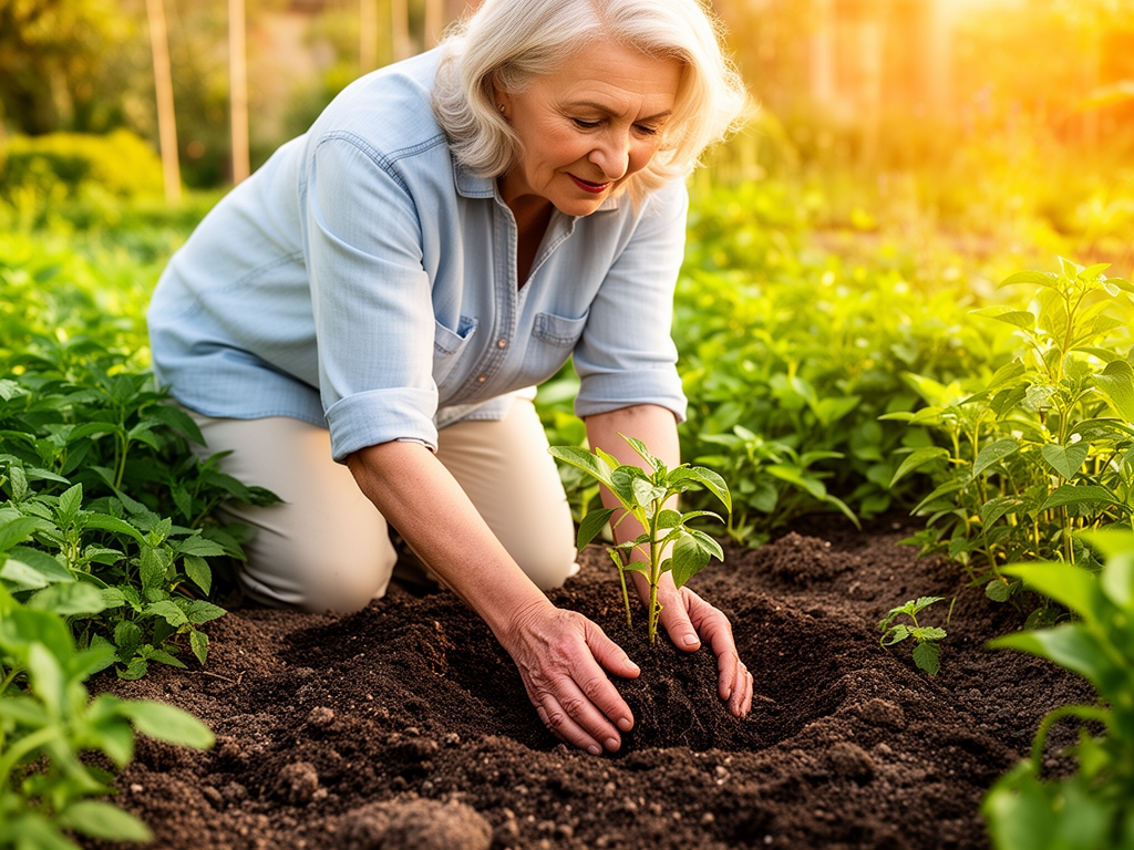 Žena u pedesetim, ruke uronjena u zemlja bašte, pažljivo sadi biljku, bliz kadar sa vidljivim detaljima tla i zelenila, toplo sunčevo svetlo
