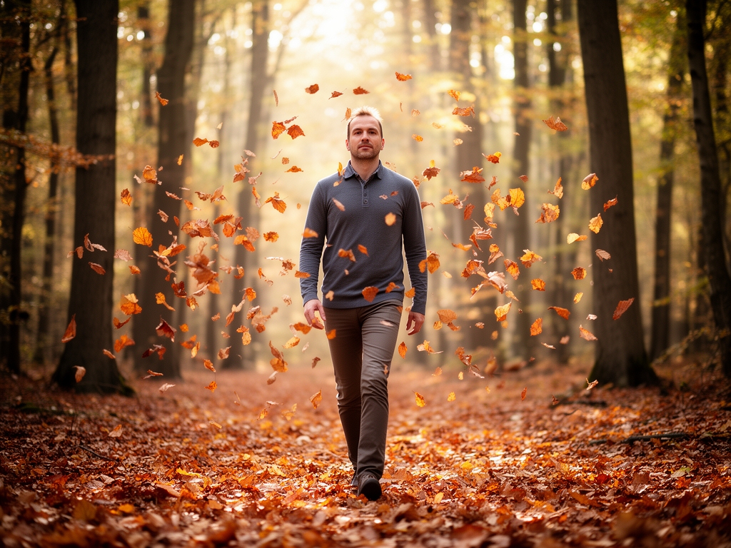 Čovek u šetnji po jesenjoj šumi, telo u laganom pokretu, lišće pada oko njega, atmosfera dubokog mira i senzornog doživljaja prirode, difuzno svetlo kroz krošnje