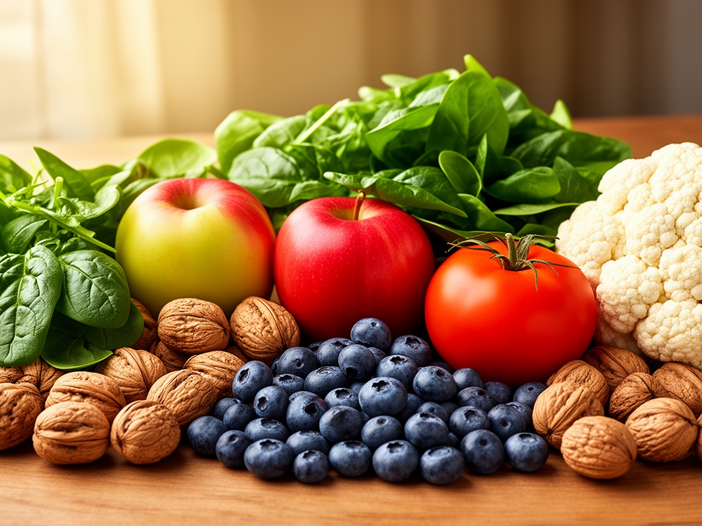 Sto prekriven raznovrsnim svežim namirnicama: listovi spanaća, jabuke, orasi, paradajz, karfiol i borovnice, prirodno svetlo obasjava scenu, kompozicija u toplim zemnim tonovima